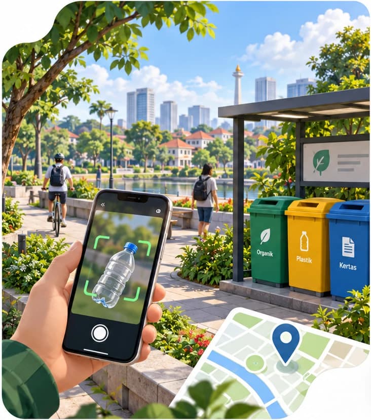 A green city park with a bottle scanning phone and recycling bins