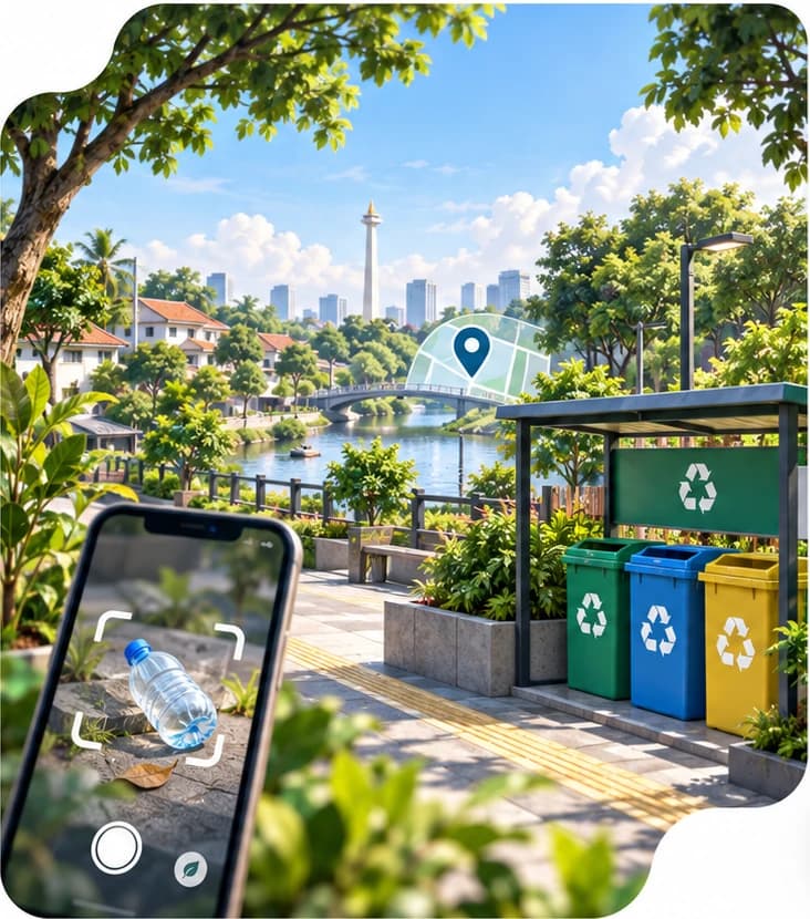 A green city park with waste sorting facilities and a scanning phone