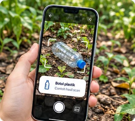 Illustration of photographing a plastic bottle with the VERGO camera. Sample result: plastic bottle.